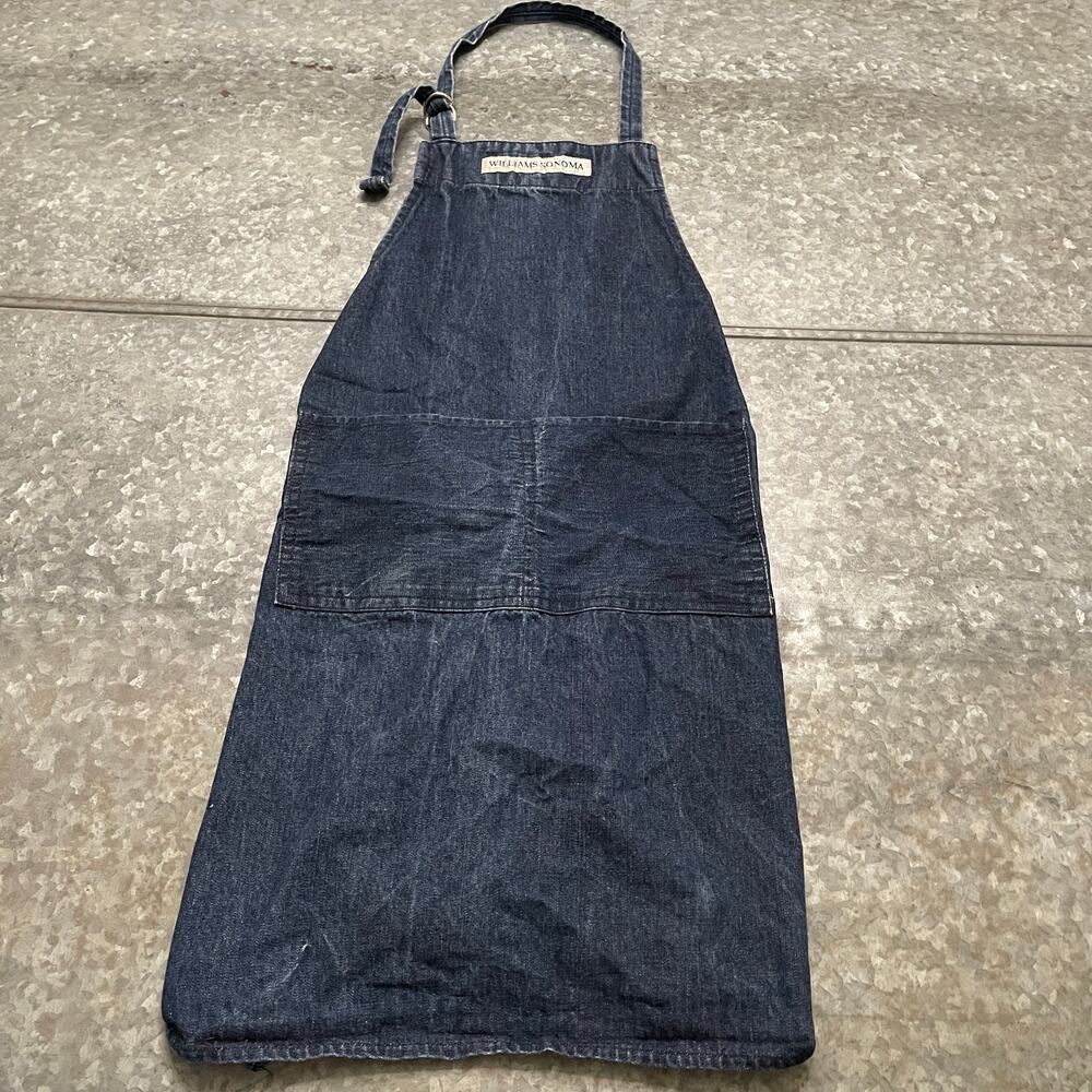 Williams Sonoma Denim Apron Dark Blue 100% Cotton Made in USA Unisex Pockets O/S